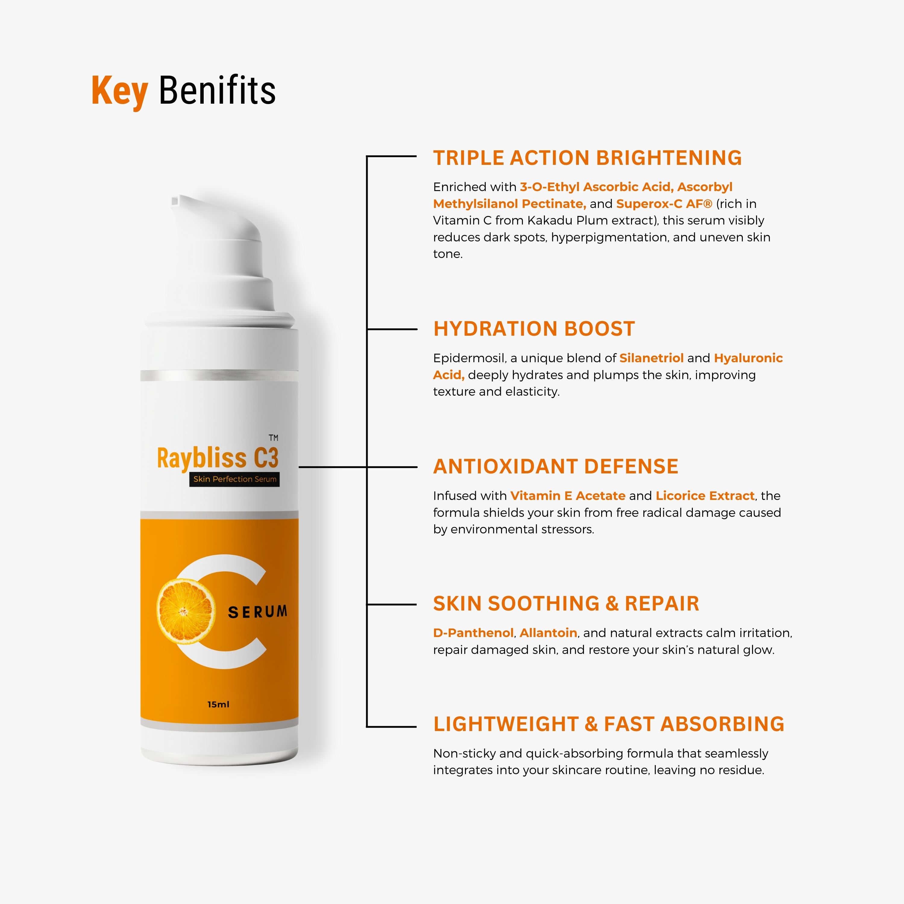 Raybliss C3 Skin Perfection Serum - Triple Power Vitamin C with Hyaluronic Acid | Brightening, Hydrating & Anti-Aging Formula | 15ml