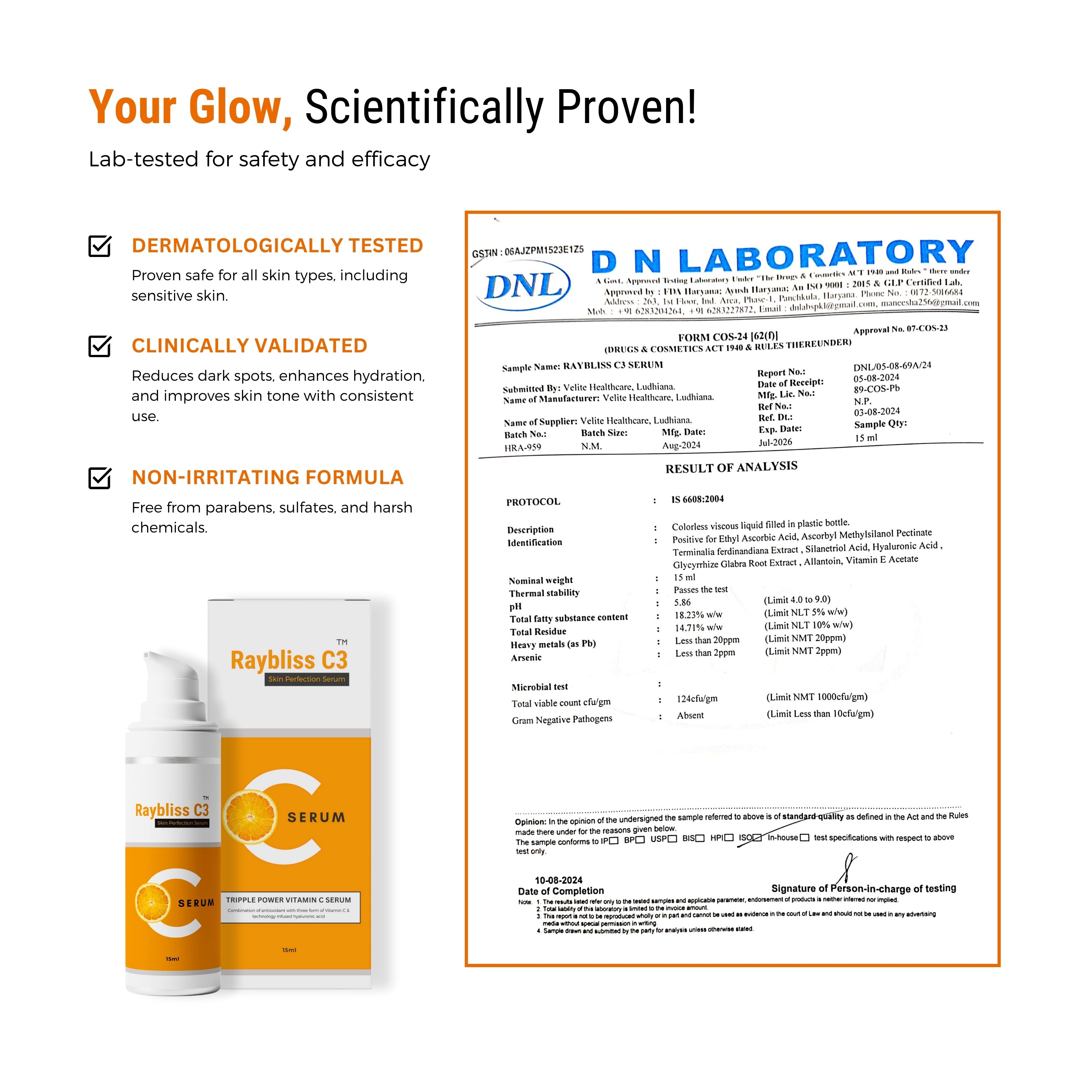 Raybliss C3 Skin Perfection Serum - Triple Power Vitamin C with Hyaluronic Acid | Brightening, Hydrating & Anti-Aging Formula | 15ml