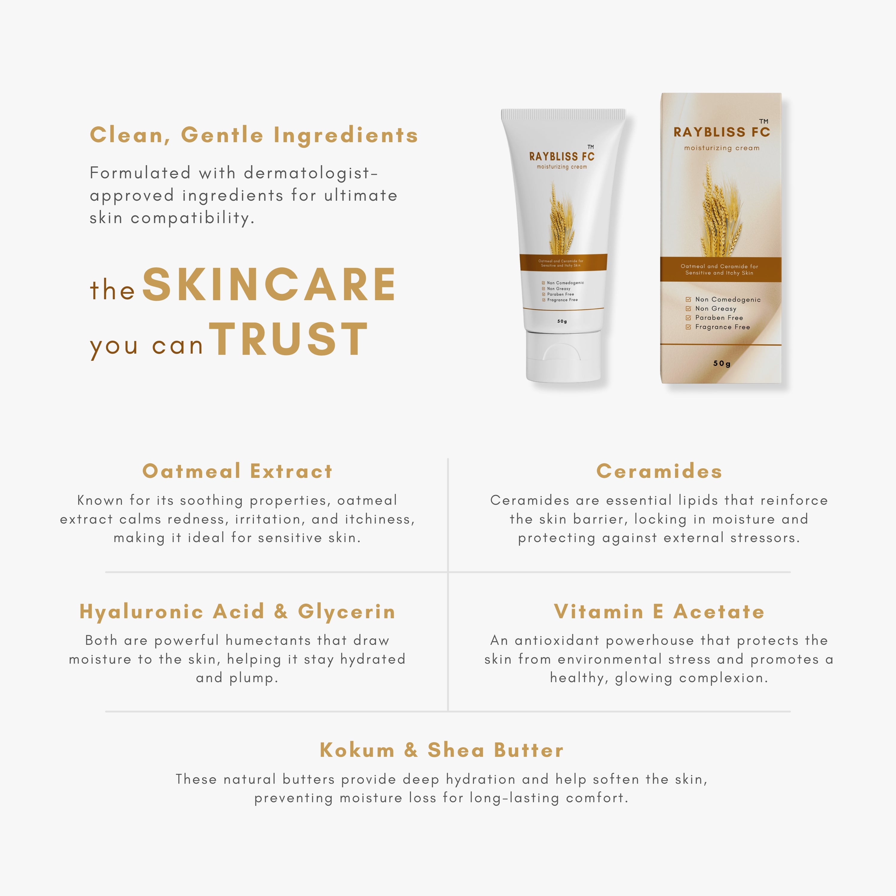 Raybliss FC Moisturizing Cream with Oatmeal, Ceramides, Hyaluronic Acid and Vitamin E | Non-Comedogenic, Paraben-Free, Fragrance-Free, Clinically Tested | 50g