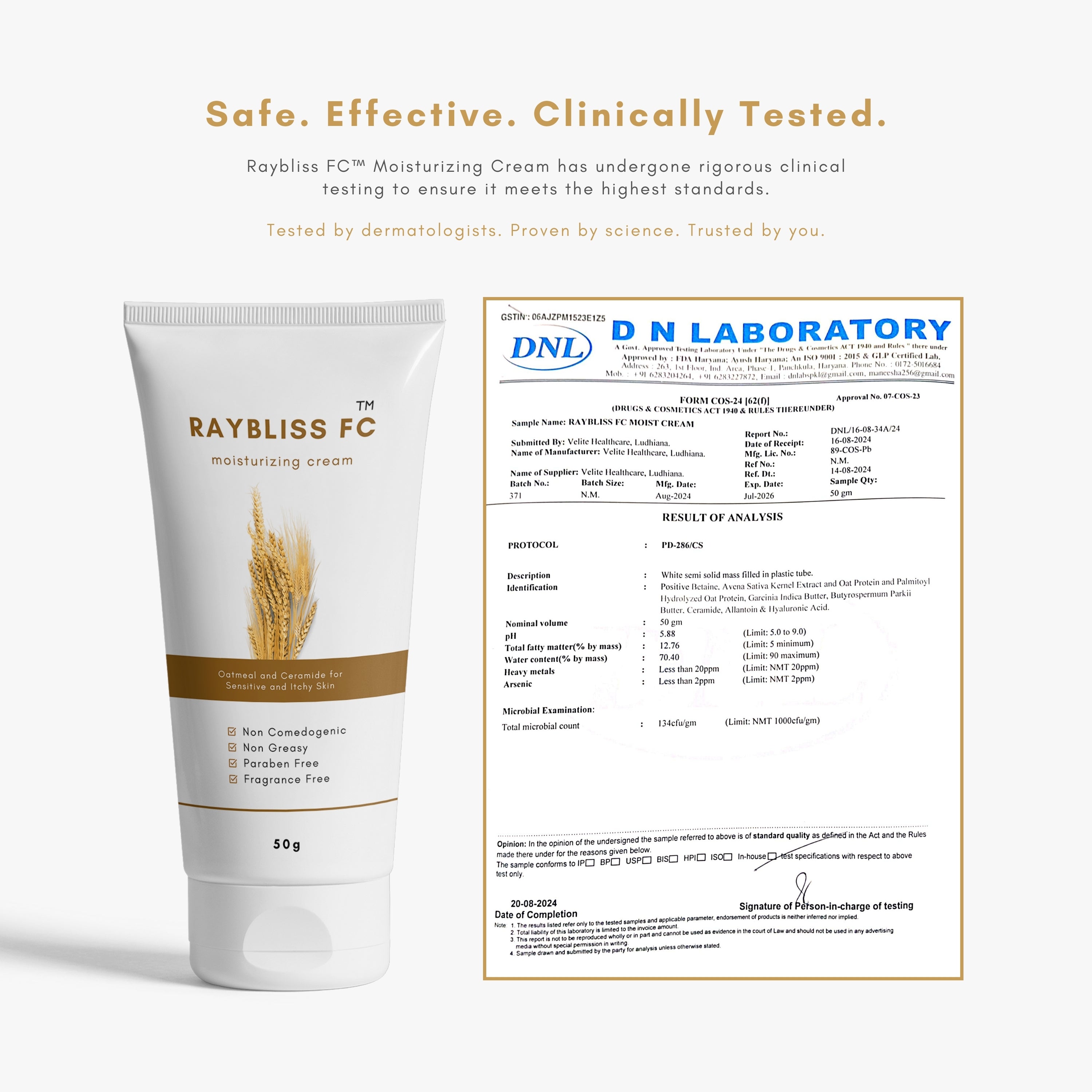 Raybliss FC Moisturizing Cream with Oatmeal, Ceramides, Hyaluronic Acid and Vitamin E | Non-Comedogenic, Paraben-Free, Fragrance-Free, Clinically Tested | 50g