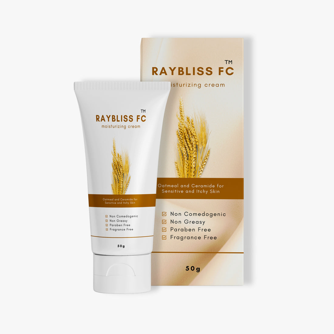 Raybliss FC Moisturizing Cream with Oatmeal, Ceramides, Hyaluronic Acid and Vitamin E | Non-Comedogenic, Paraben-Free, Fragrance-Free, Clinically Tested | 50g